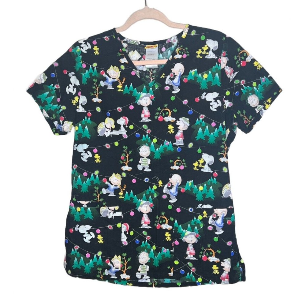 Peanuts Womens Scrub Shirt Size XS Christmas Charlie Brown Snoopy